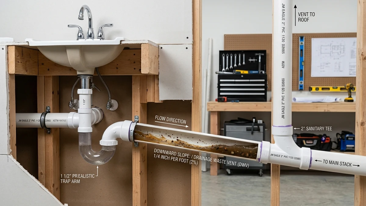 Technical cutaway view of Schedule 40 PVC drainage slope and sanitary P-trap in plumbing workshop