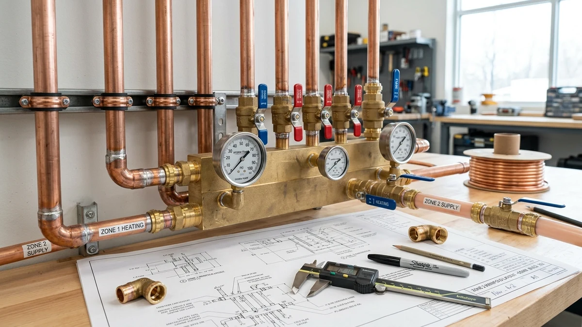 Precision engineered copper plumbing manifold and diagnostic blueprints in modern workshop