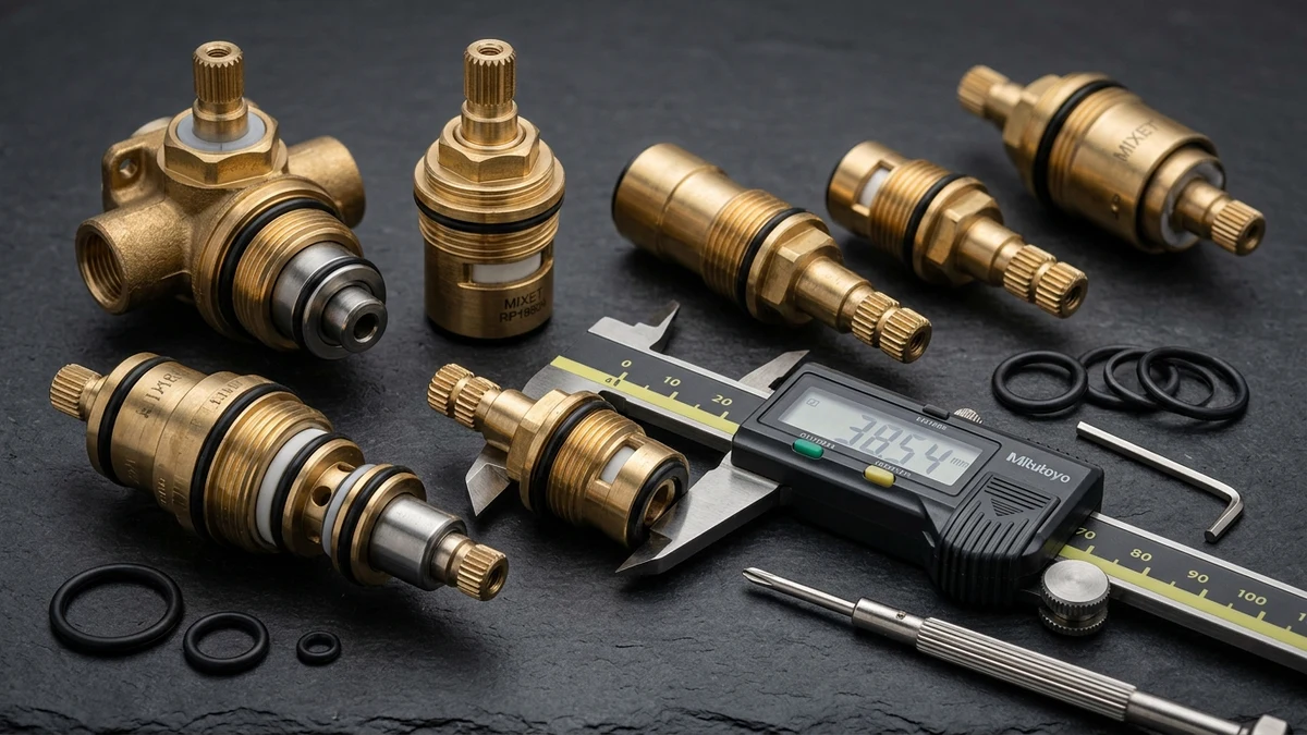 Macro commercial photography of brass shower valve cartridges, caliper, and broach teeth on dark slate