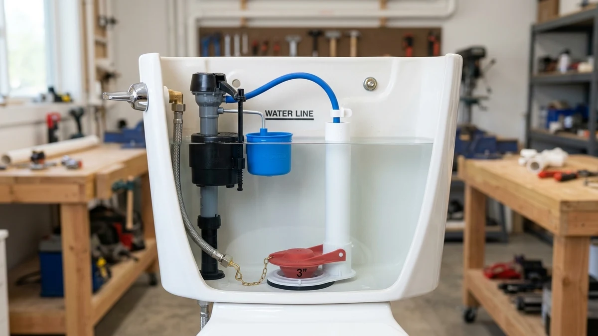 Technical cutaway view of modern high-efficiency toilet tank interior with fill valve, flapper, and overflow tube