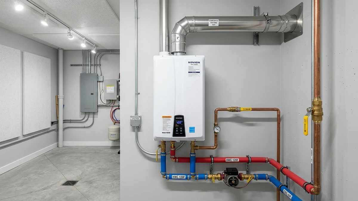 Condensing tankless water heater installation with concentric venting and digital temperature controls